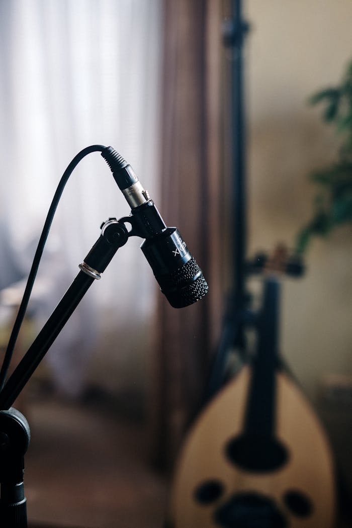 A close-up shot of a studio microphone with a guitar in the background, ideal for music lovers.